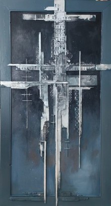 Реквием Фанера, деверяный штапик, жесть, ДВП, дерево, 3d печать, акрил, масло 170х85 2025